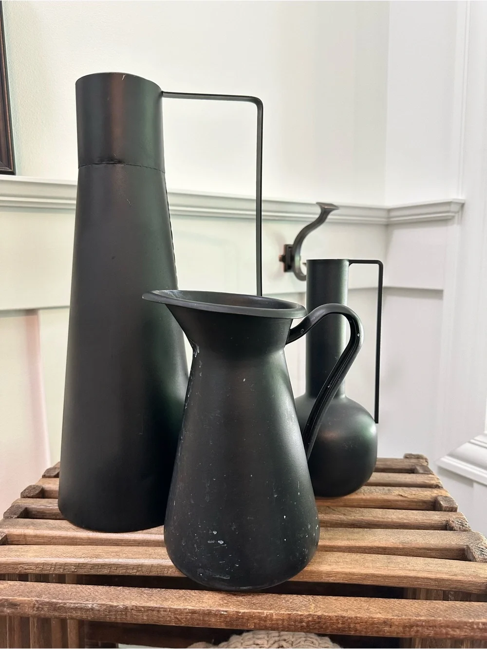 Black Matte Decorative Vases & Pitcher Set of 3 Powder Coated Iron Metal 9 - 16”